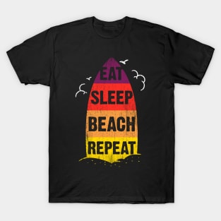 Eat Sleep Beach Repeat retro sunset surfboard T-Shirt
